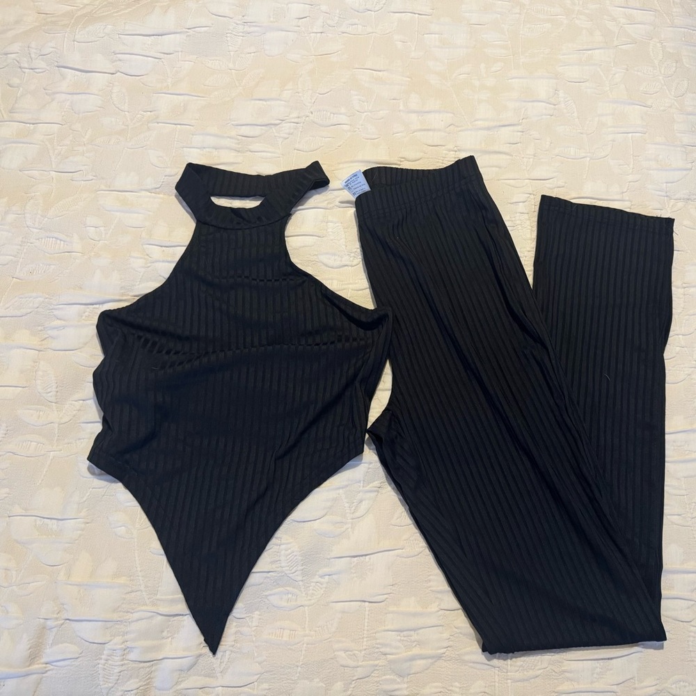 Black Ribbed Halter Bodysuit & Pants Set